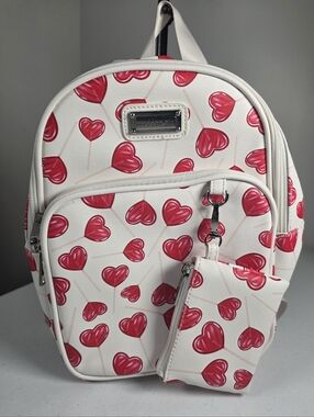 Madden Girl White Mini Backpack with Pink Heart Lollipop Print